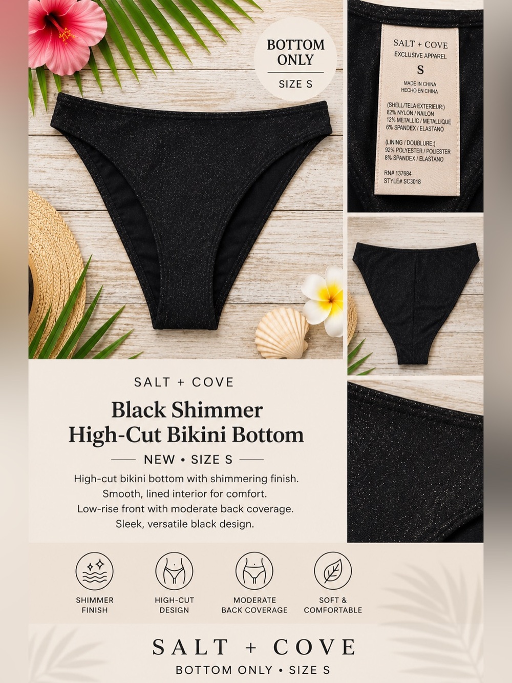 Salt + Cove Black Shimmer High-Cut Bikini Bottom NEW S